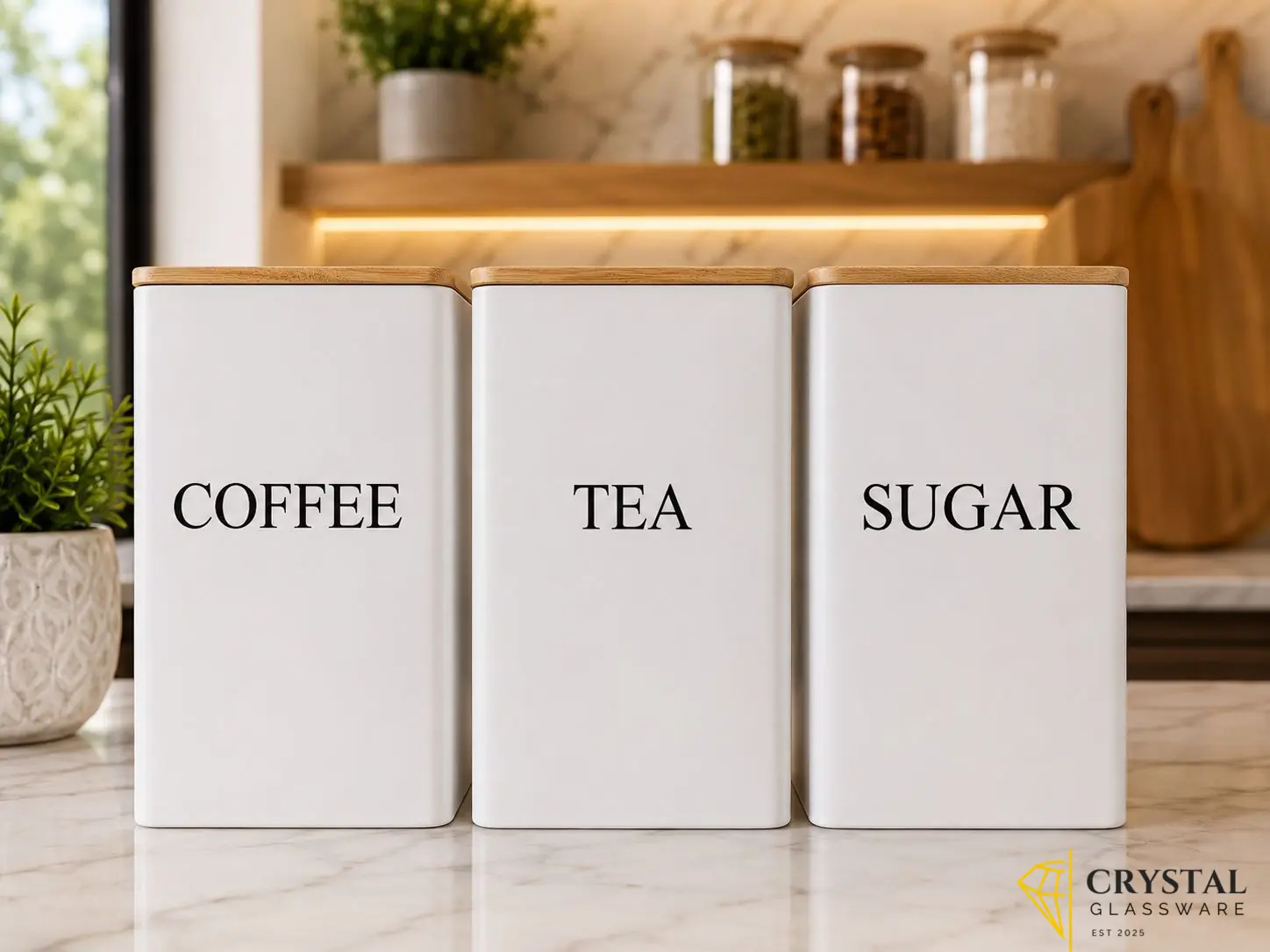 Shoxil white canisters are made of powder-coated steel with airtight bamboo lids